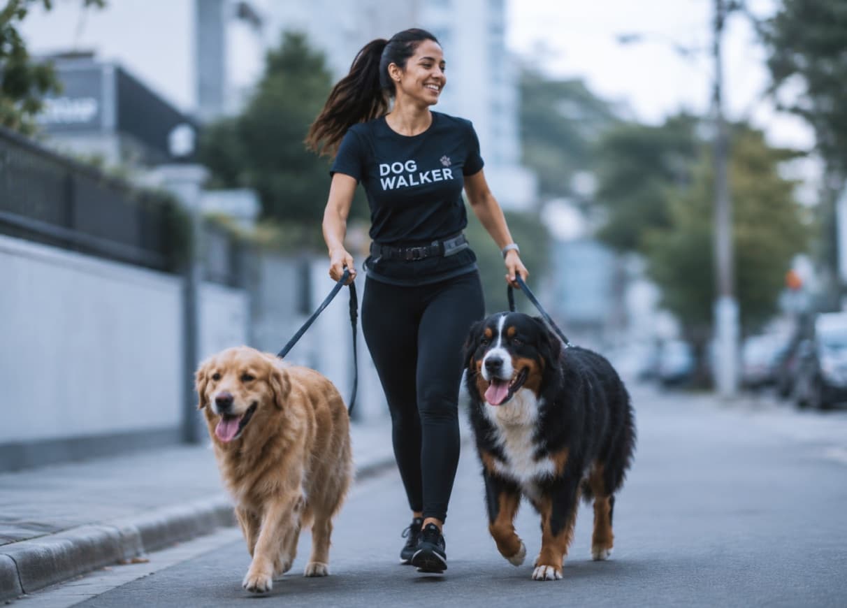 Profissional do setor pet passeando com dois cães