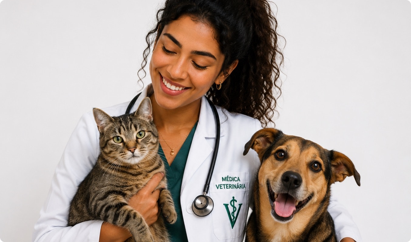 Veterinária com cachorro e gato